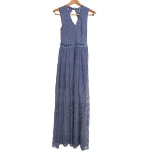 She & Sky Blue Lace Overlay Lined Sleeveless Flowy Open Back Maxi Effortless Sm